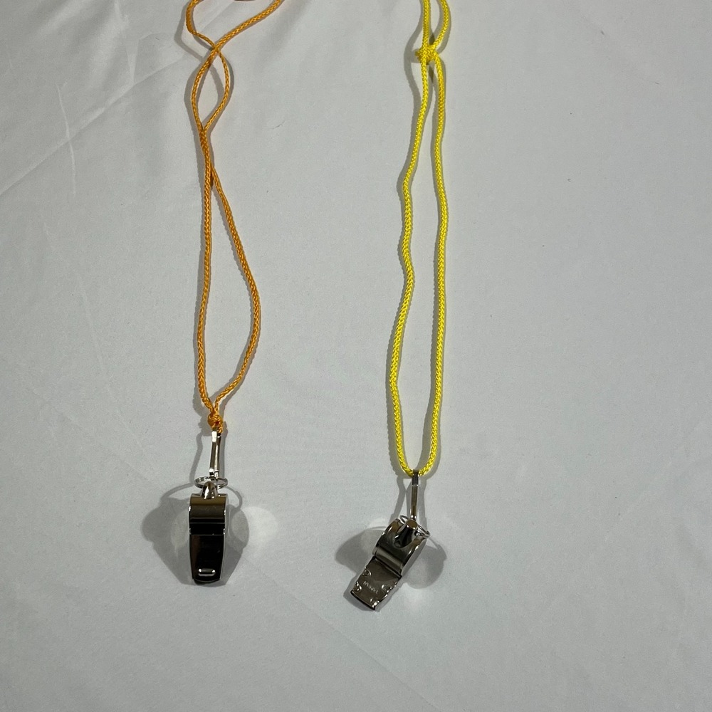 Vintage Metal Whistles Lot of 2 with Yellow Orange Lanyards Sports Coach